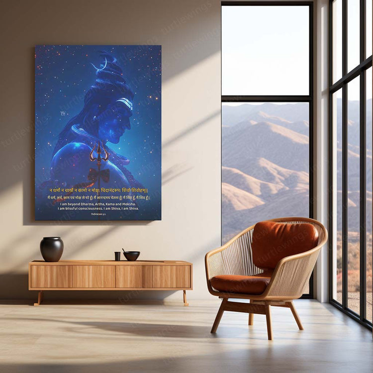 Mahadev with Sanskrit Quote "I Am Beyond Dharma, Artha, Kama and Moksha. I Am Blissful Consciousness. I Am Shiva, I Am Shiva." Metal Poster