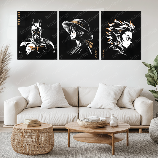 Set of 3 Metal Posters Featuring Luffy, Batman, and Tanjiro