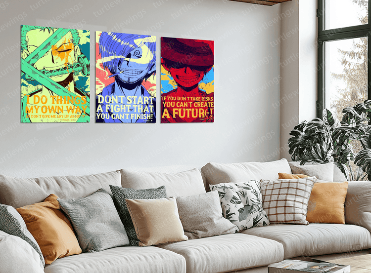 Set of 3 Metal Posters Featuring Luffy, Sanji, and Zoro with Inspiring Quotes