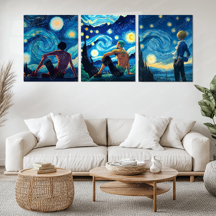 Luffy, Zoro, and Sanji - Starry Adventure Metal Poster Set in Van Gogh Style