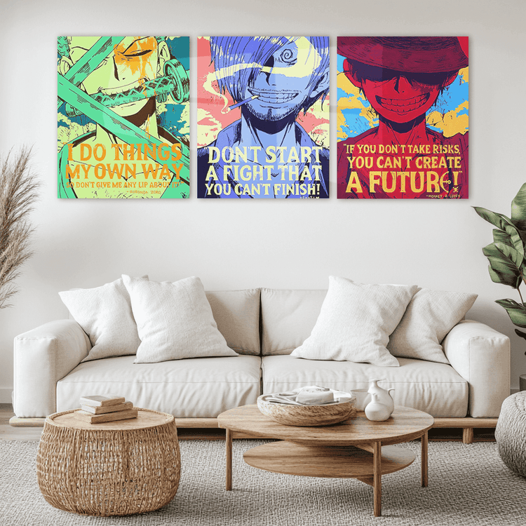 Set of 3 Metal Posters Featuring Luffy, Sanji, and Zoro with Inspiring Quotes