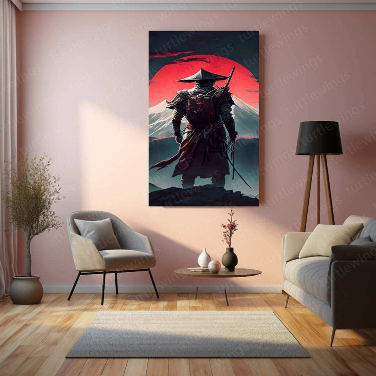 Red Moon Samurai Metal Poster | Japanese Warrior Wall Art | Edo Era Aesthetic Decor - TURTLEWINGS 