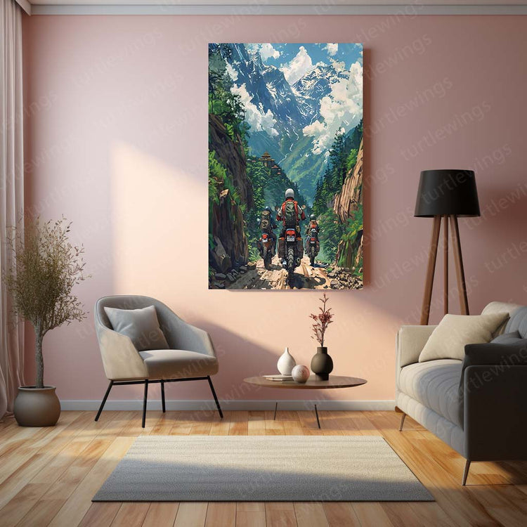 Bikers Traveling Mountains Illustration Art Metal Poster