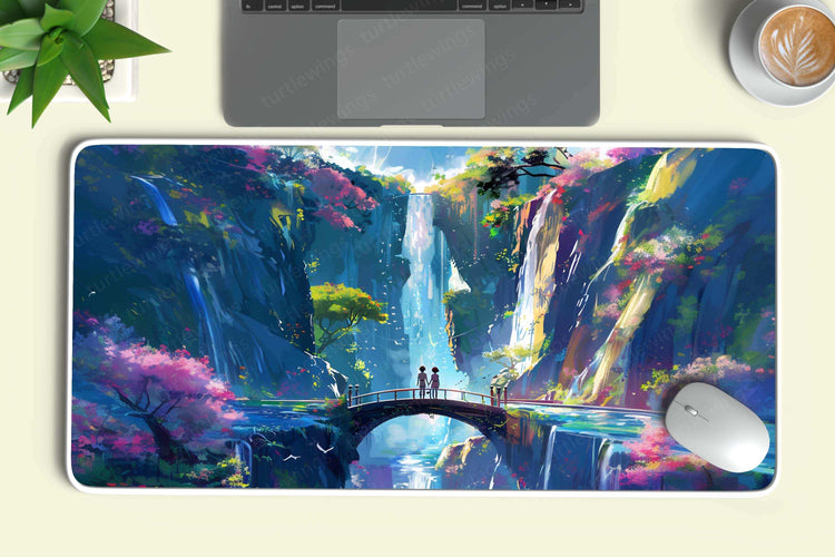 Aesthetic Bridge with Couple Watching the Waterfall Deskmat – Romantic Nature Escape