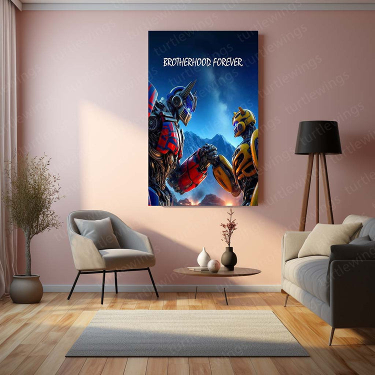 Brotherhood Forever: Optimus Prime x Bumblebee Metal Poster | Transformers Wall Art | HD Print