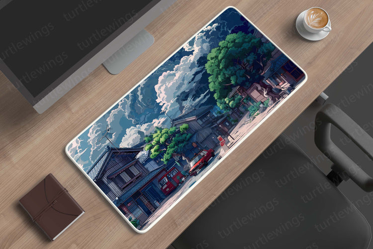 Aesthetic Dark Clouds with Village Deskmat – Mysterious and Serene Village Landscape