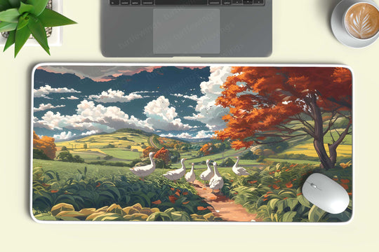 Aesthetic Geese Nature Art Deskmat – Serene Landscape with Graceful Geese in Flight