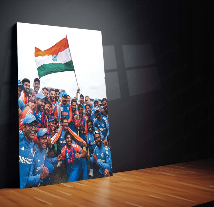 Indian Team with the ICC Men’s T20 World Cup Trophy 2024 | Team Triumph Metal Poster | HD Print