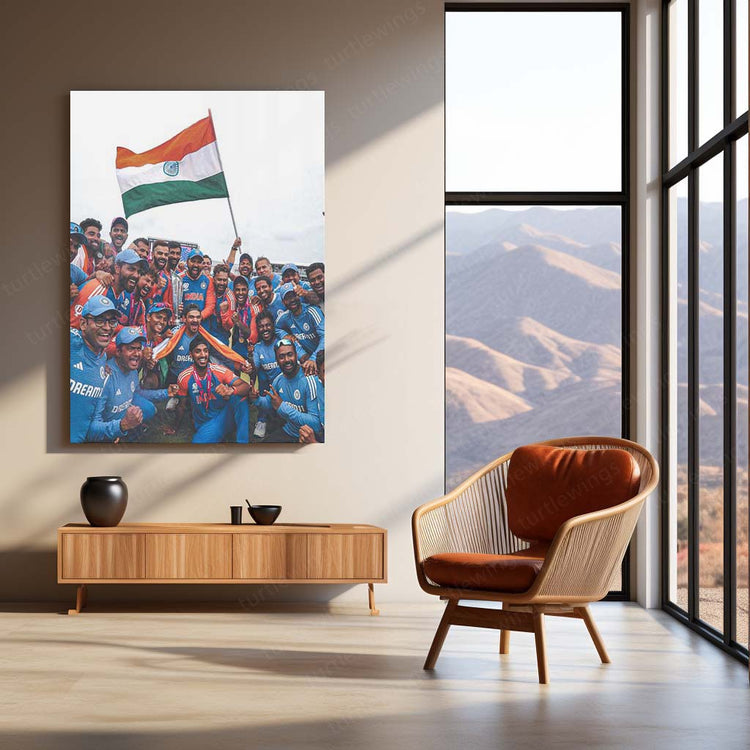 Indian Team with the ICC Men’s T20 World Cup Trophy 2024 | Team Triumph Metal Poster | HD Print