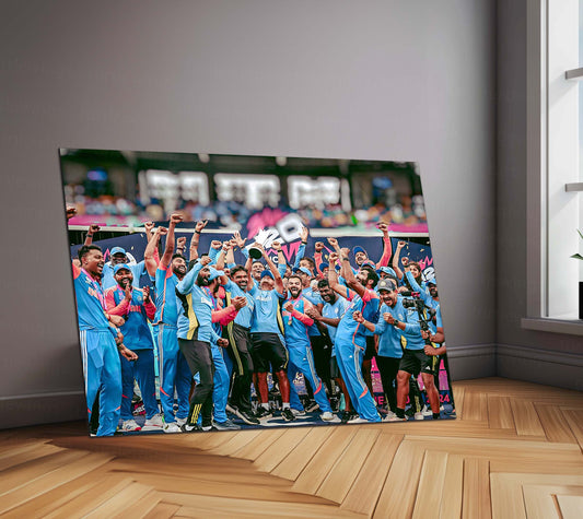 Rohit Sharma Lifting Trophy of ICC Men’s T20 World Cup 2024 | Champion's Moment Metal Poster | HD Print-3