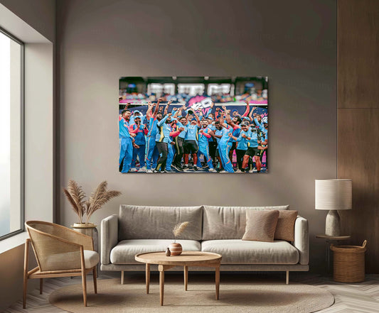 Rohit Sharma Lifting Trophy of ICC Men’s T20 World Cup 2024 | Champion's Moment Metal Poster | HD Print-3