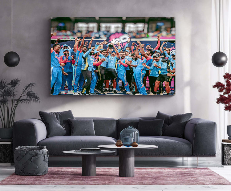 Rohit Sharma Lifting Trophy of ICC Men’s T20 World Cup 2024 | Champion's Moment Metal Poster | HD Print-3