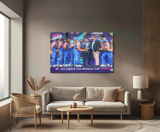 Rohit Sharma Lifting Trophy of ICC Men’s T20 World Cup 2024 | Champion's Moment Metal Poster | HD Print