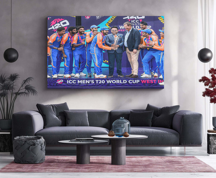 Rohit Sharma Lifting Trophy of ICC Men’s T20 World Cup 2024 | Champion's Moment Metal Poster | HD Print