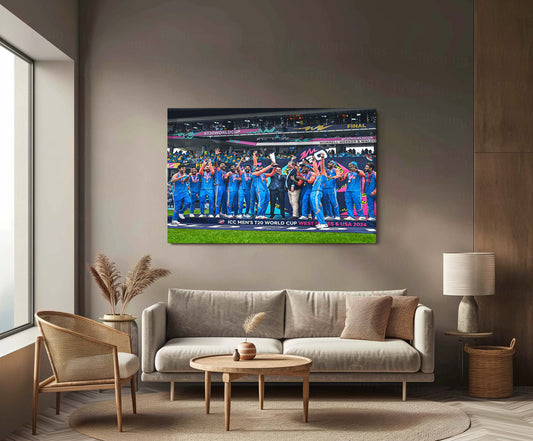 Rohit Sharma Lifting Trophy of ICC Men’s T20 World Cup 2024 | Champion's Moment Metal Poster | HD Print -2