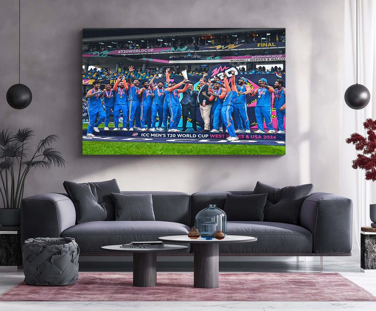 Rohit Sharma Lifting Trophy of ICC Men’s T20 World Cup 2024 | Champion's Moment Metal Poster | HD Print -2