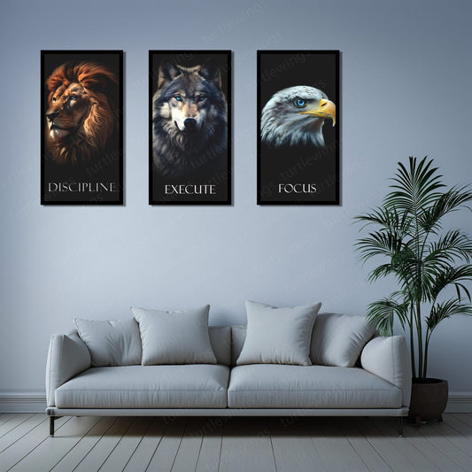 Majestic Trio - Inspirational Wall Metal Print Frame Set | Eagle, Lion, Fox | HD Print with Quotes