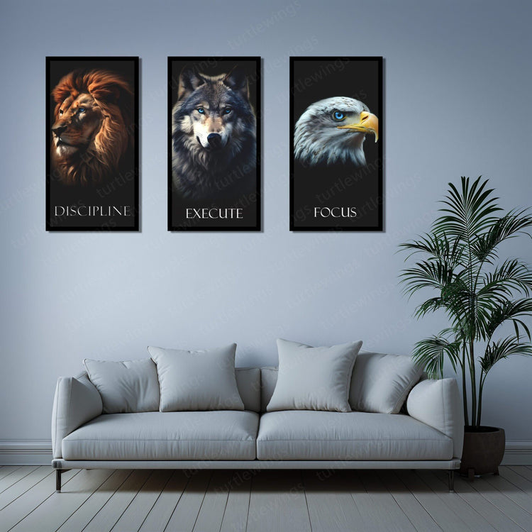 Majestic Trio - Inspirational Wall Metal Print Frame Set | Eagle, Lion, Fox | HD Print with Quotes