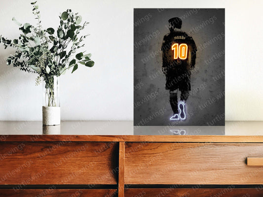 Lionel Messi Neon LED Metal Frame – Soccer Legend Wall Art