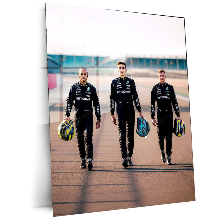 George Russell, Lewis Hamilton, Mick Schumacher Metal Poster | F1 Trio Art