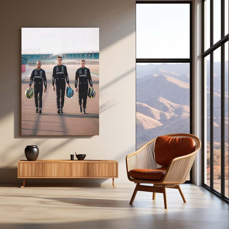 George Russell, Lewis Hamilton, Mick Schumacher Metal Poster | F1 Trio Art