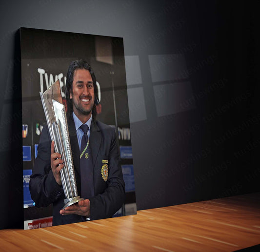 Mahendra Singh Dhoni with the ICC Men’s T20 World Cup Trophy 2007 | Legendary Moment Metal Poster | HD Print