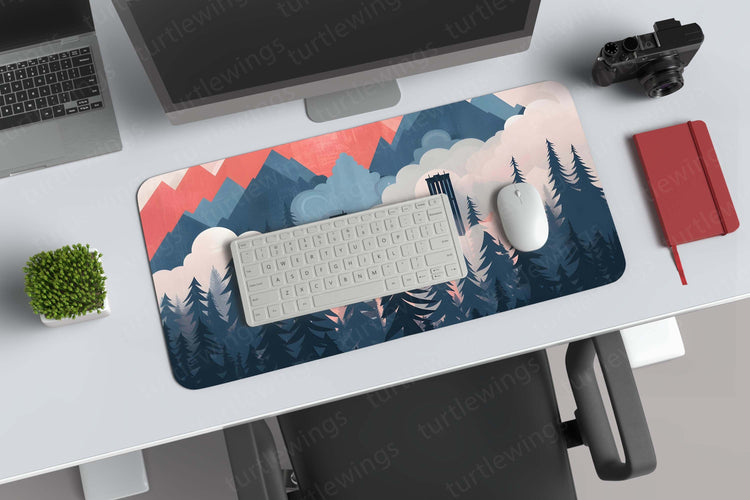 Aesthetic Mountains and Trees Deskmat – Tranquil Nature Scene for a Peaceful Workspace