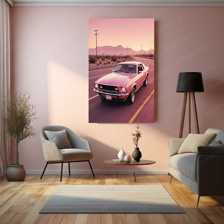 Pink Mustang Metal Poster | Retro Car Art | High-Quality Metal Print