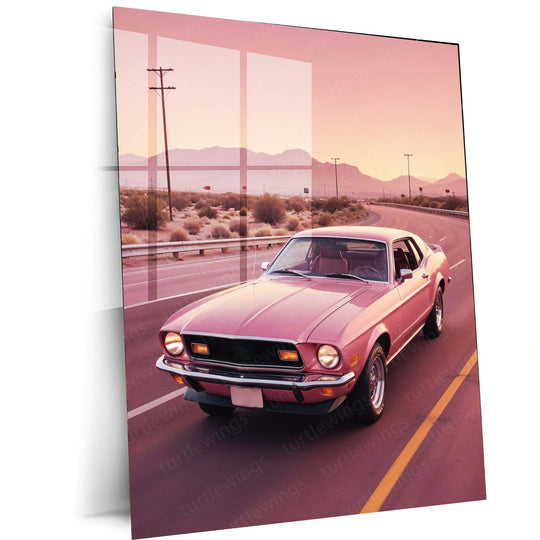 Pink Mustang Metal Poster | Retro Car Art | High-Quality Metal Print