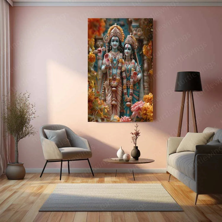 Ram Sita Metal Poster – Divine Couple Wall Art | Spiritual Hindu Home Decor - TURTLEWINGS 