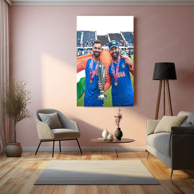 Virat Kohli and Rohit Sharma with the ICC Men’s T20 World Cup Trophy 2024 | Champion Duo Metal Poster | HD Print