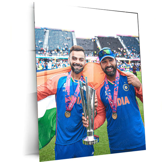 Virat Kohli and Rohit Sharma with the ICC Men’s T20 World Cup Trophy 2024 | Champion Duo Metal Poster | HD Print