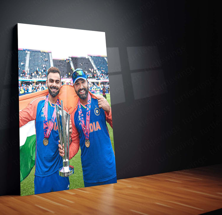 Virat Kohli and Rohit Sharma with the ICC Men’s T20 World Cup Trophy 2024 | Champion Duo Metal Poster | HD Print