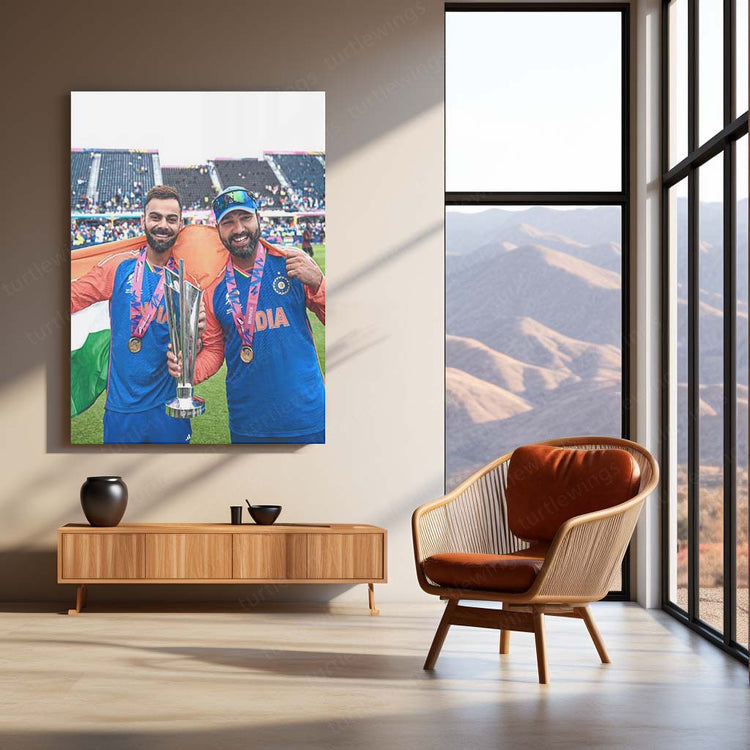 Virat Kohli and Rohit Sharma with the ICC Men’s T20 World Cup Trophy 2024 | Champion Duo Metal Poster | HD Print