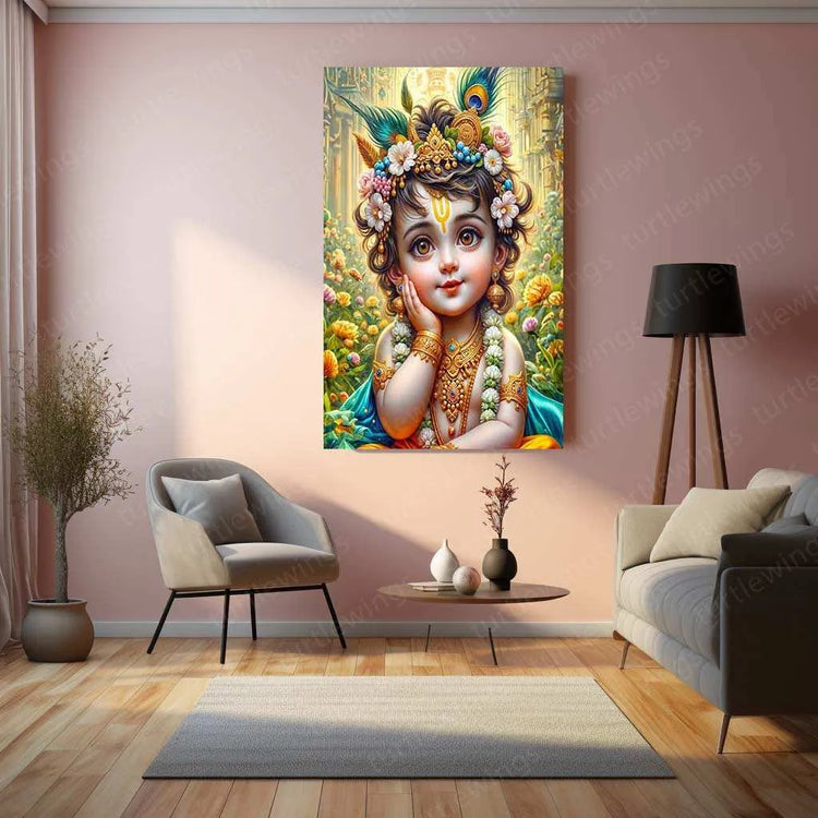 Shri Krishna Metal Poster – Divine Wall Art of Lord Krishna | Spiritual & Mythological Decor - TURTLEWINGS 