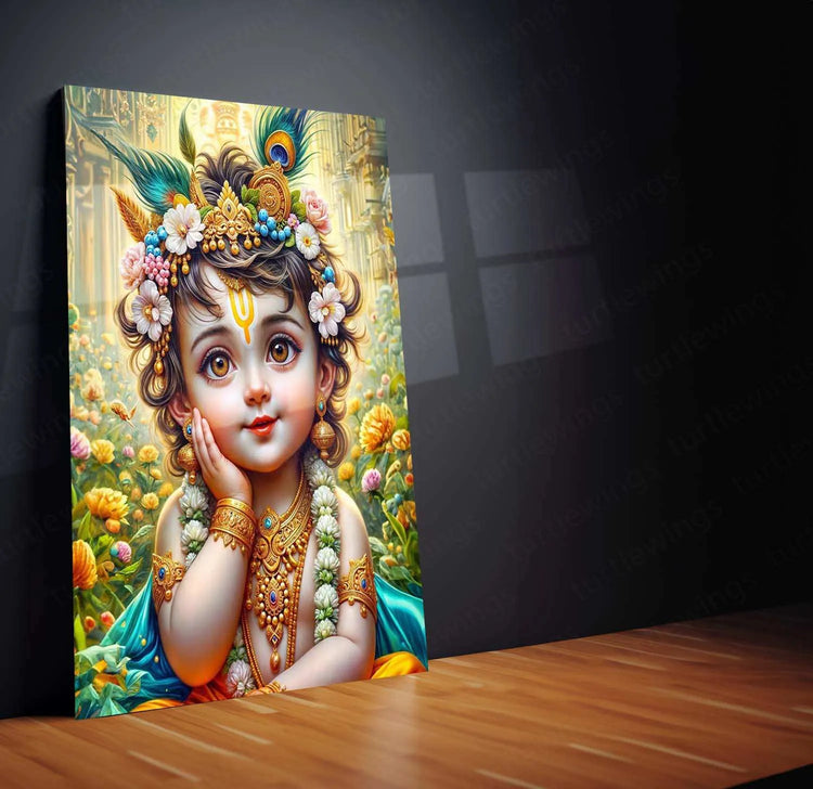 Shri Krishna Metal Poster – Divine Wall Art of Lord Krishna | Spiritual & Mythological Decor - TURTLEWINGS 