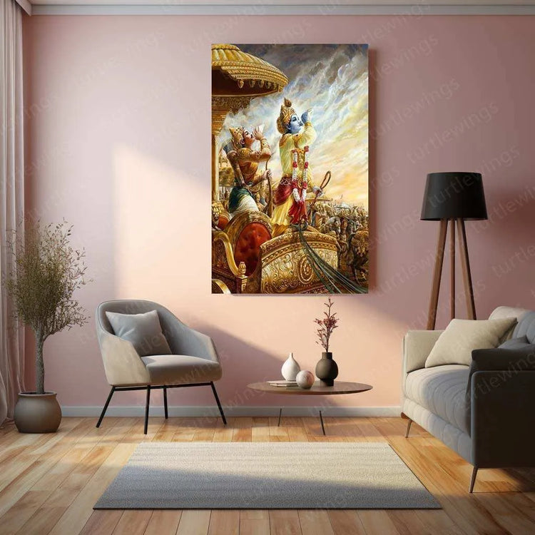 Shri Krishna & Arjuna Metal Poster – The Bhagavad Gita Warrior’s Wisdom Art - TURTLEWINGS 