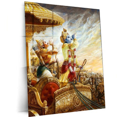 Shri Krishna & Arjuna Metal Poster – The Bhagavad Gita Warrior’s Wisdom Art