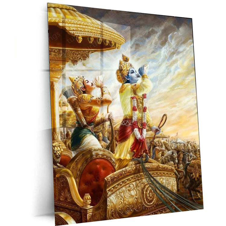 Shri Krishna & Arjuna Metal Poster – The Bhagavad Gita Warrior’s Wisdom Art - TURTLEWINGS 