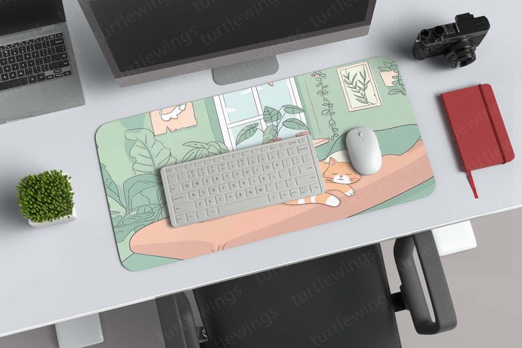 Aesthetic Cat Sleepy on Bed Art Deskmat – Soft and Calming Design for Your Workspace