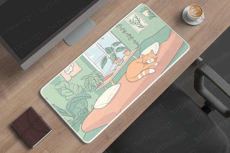 Aesthetic Cat Sleepy on Bed Art Deskmat – Soft and Calming Design for Your Workspace