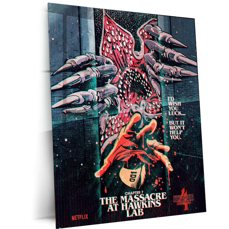 Stranger Things Season 4 Chapter 7: "The Massacre at Hawkins Lab" Metal Poster | High-Quality Metal Print