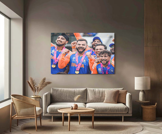 Virat Kohli, Arshdeep Singh, Kuldeep Yadav Winning Moment of ICC Men’s T20 World Cup 2024 | Trio's Triumph Metal Poster | HD Print