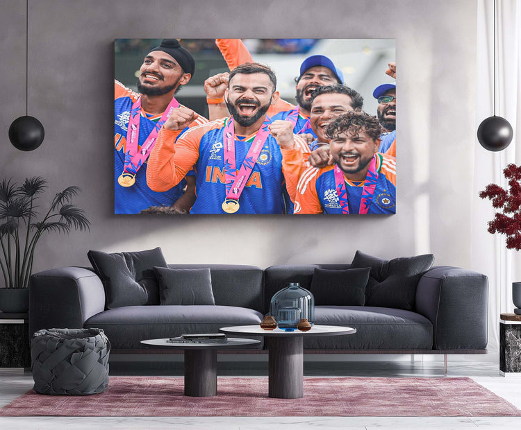 Virat Kohli, Arshdeep Singh, Kuldeep Yadav Winning Moment of ICC Men’s T20 World Cup 2024 | Trio's Triumph Metal Poster | HD Print