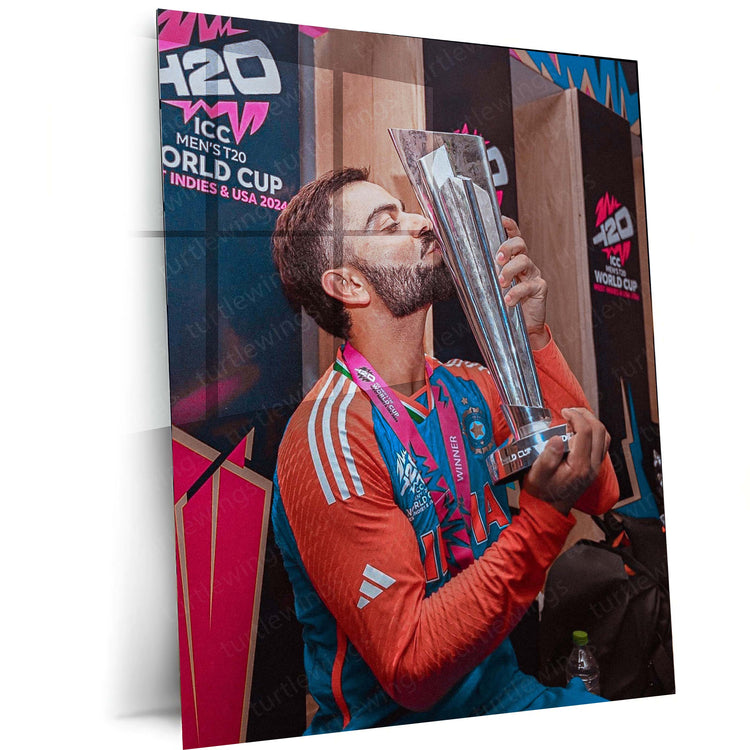 Virat Kohli with the ICC Men’s T20 World Cup Trophy 2024 | Victory Moment Metal Poster | HD Print