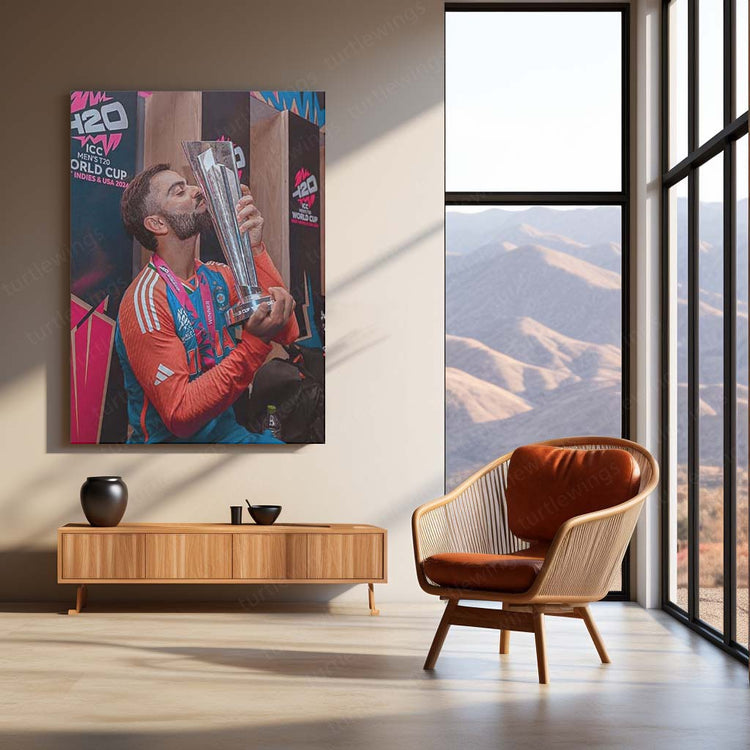 Virat Kohli with the ICC Men’s T20 World Cup Trophy 2024 | Victory Moment Metal Poster | HD Print