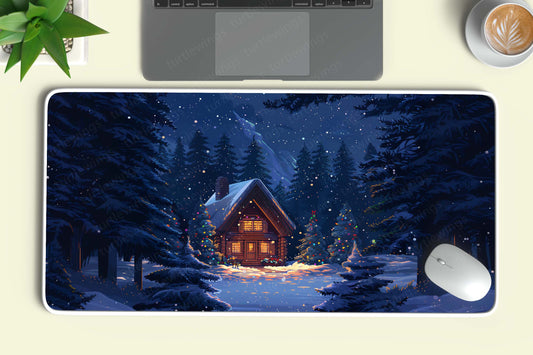 Aesthetic Winter Cabin Deskmat – Cozy Retreat Amidst Snowy Serenity