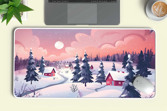 Aesthetic Winter Mood Deskmat – Snowy Serenity with Trees and Cozy Homes