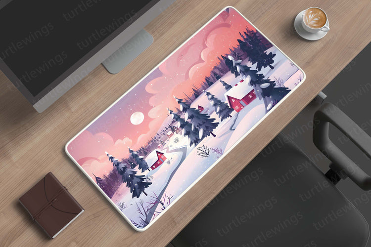 Aesthetic Winter Mood Deskmat – Snowy Serenity with Trees and Cozy Homes