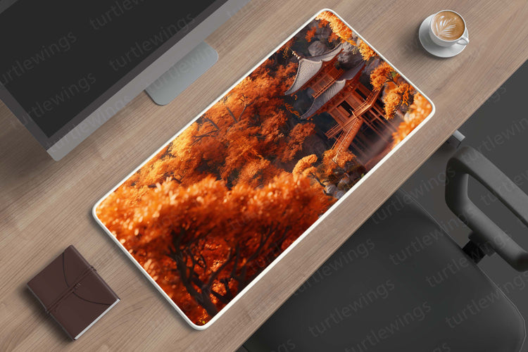 Aesthetic Wooden Temple Deskmat – Tranquil Beauty with Vibrant Orange Trees